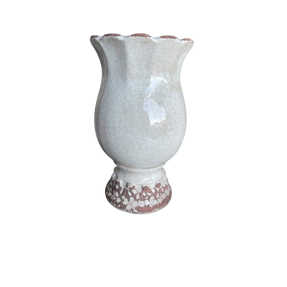 Rustic Ceramic Vase Crackle Glaze Scalloped Rim‎ Farmhouse Shabby Chic 8"